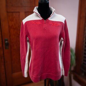 VTG 90s Tommy Hilfiger Red Cream 1/4 Zip Embroidered Logo Sweater Women XL